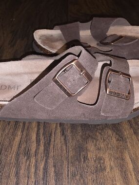 Kidmi Women's Suede Double-Buckle Slide Sandals in Taupe